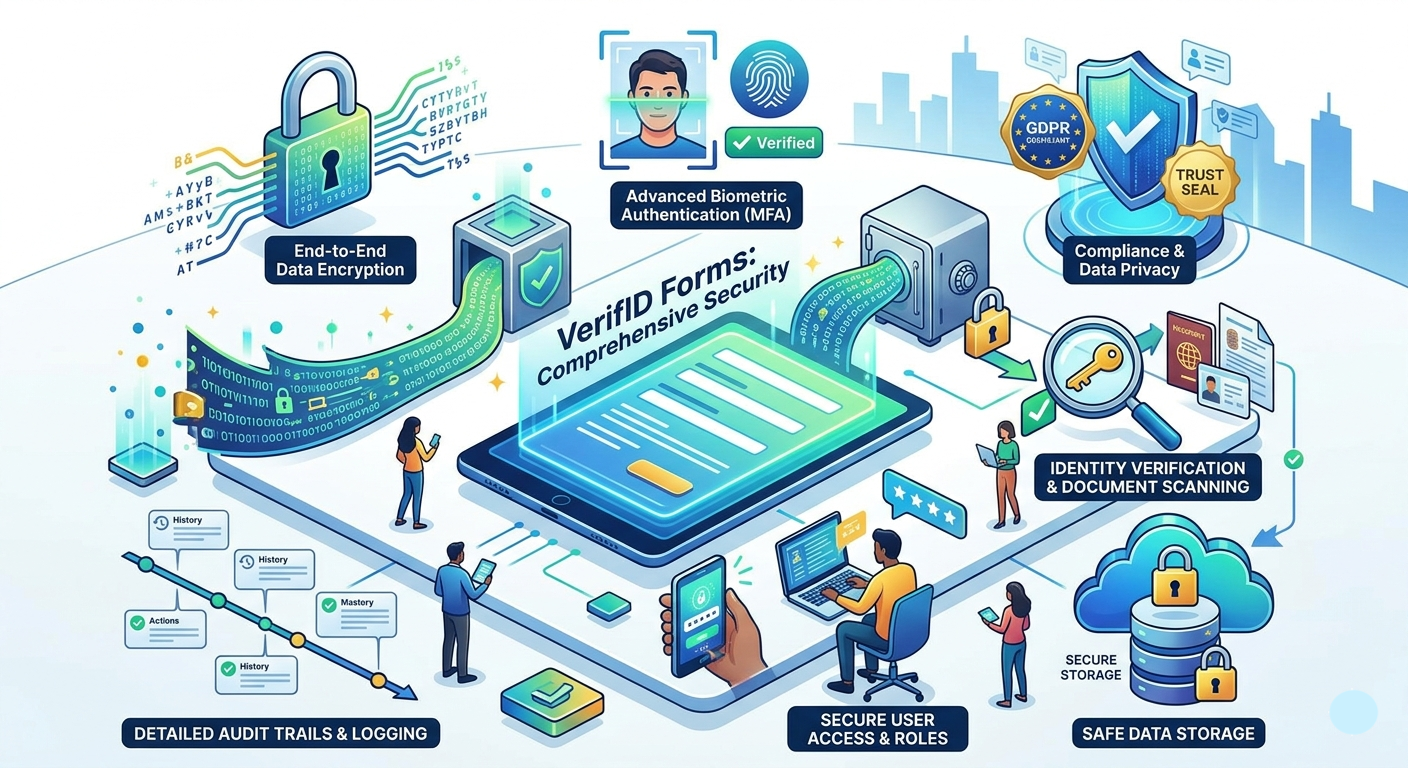 Illustration explaining core features and zero-knowledge data pipelines inside VerifID Forms